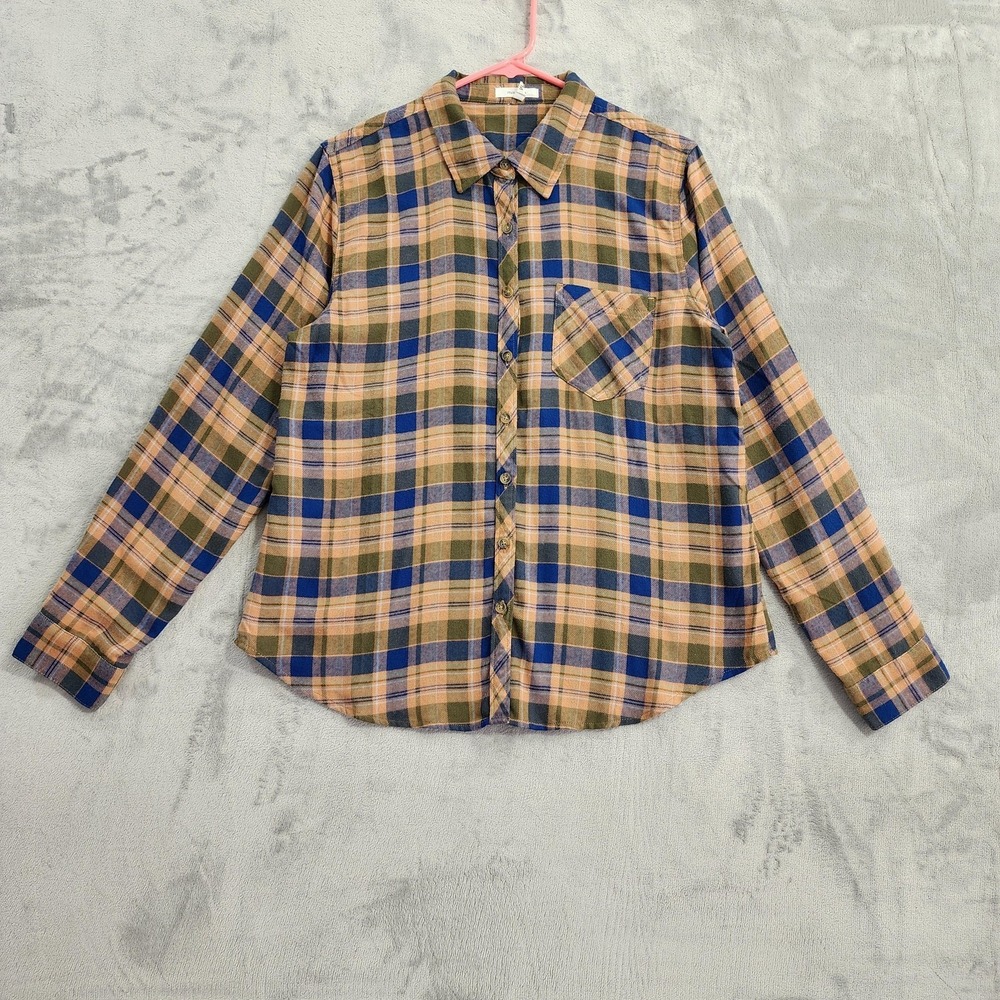 Maurices Shirt Womens M Beige Blue Plaid Button Front Long Sleeve Flannel Casual